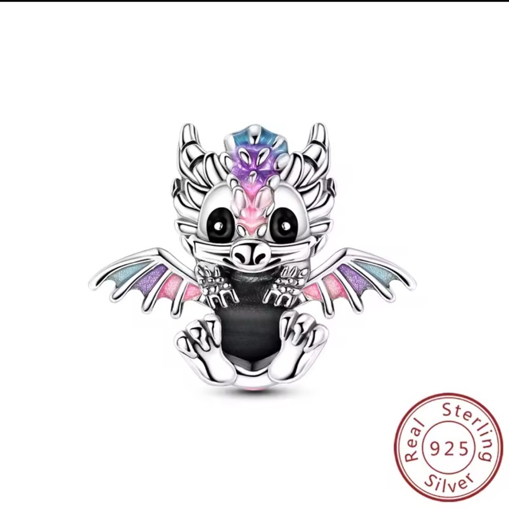 925 Sterling Silver Dragon Wrap Around Charm Enameled Pastel Kawaii Minimalist